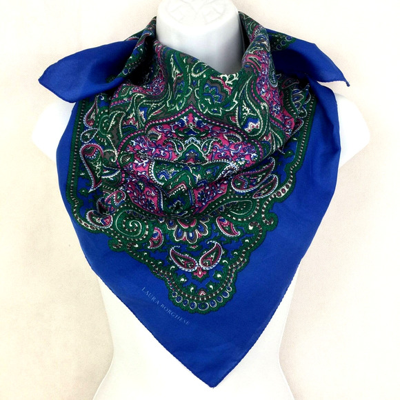 Laura Borghese Italy Designer Colorful Paisley Square Scarf Blue Green Pink Vtg - Picture 2 of 9